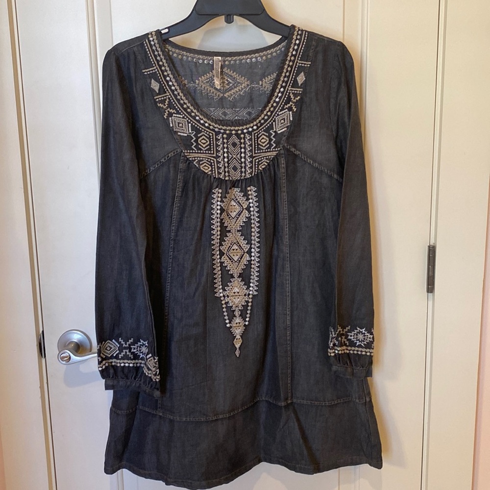 Denim dress with Aztec accents